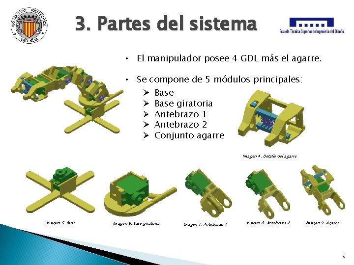 3. Partes del sistema • El manipulador posee 4 GDL más el agarre. •