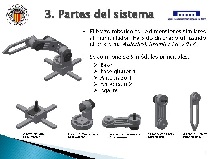 3. Partes del sistema • El brazo robótico es de dimensiones similares al manipulador.