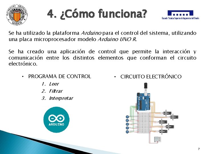 4. ¿Cómo funciona? Se ha utilizado la plataforma Arduino para el control del sistema,