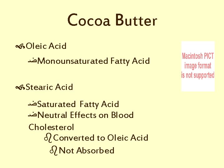 Cocoa Butter Oleic Acid ﻀ Monounsaturated Fatty Acid Stearic Acid ﻀ Saturated Fatty Acid