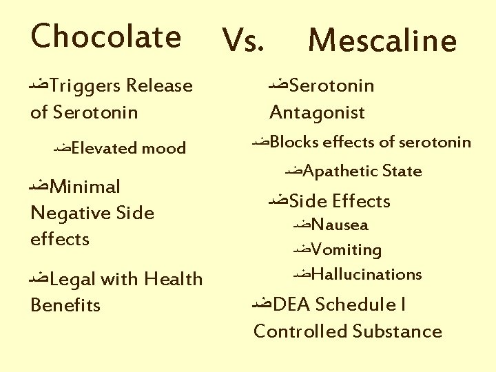 Chocolate ﻀ Triggers Release of Serotonin ﻀ Elevated mood ﻀ Minimal Negative Side effects