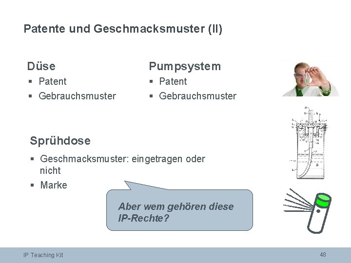 Patente und Geschmacksmuster (II) Düse Pumpsystem § Patent § Gebrauchsmuster Sprühdose § Geschmacksmuster: eingetragen