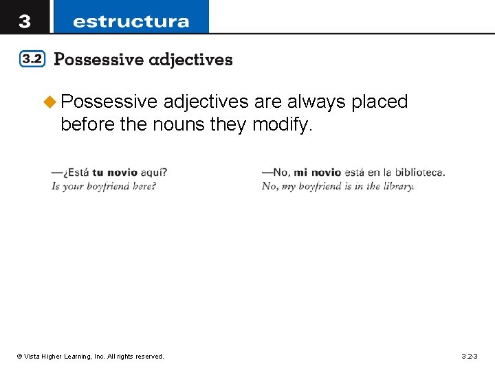 u Possessive adjectives are always placed before the nouns they modify. © Vista Higher