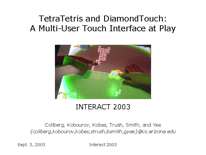 Tetra. Tetris and Diamond. Touch: A Multi-User Touch Interface at Play INTERACT 2003 Collberg,