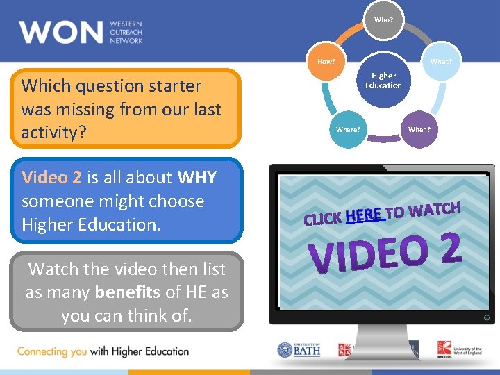 Who? How? Which question starter was missing from our last activity? Video 2 is