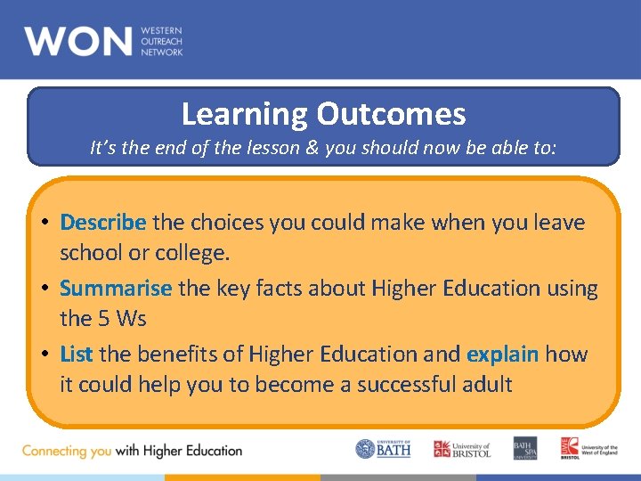 Learning Outcomes It’s the end of the lesson & you should now be able