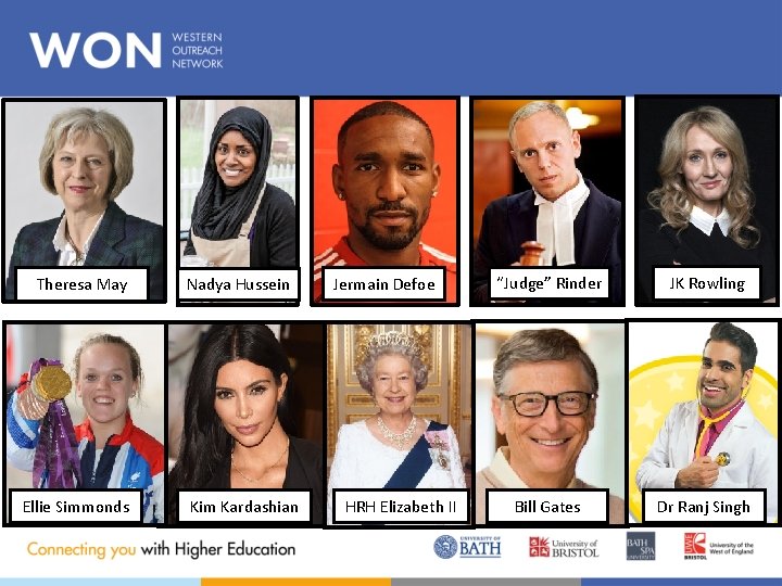 Theresa May Ellie Simmonds Nadya Hussein Kim Kardashian Jermain Defoe HRH Elizabeth II “Judge”