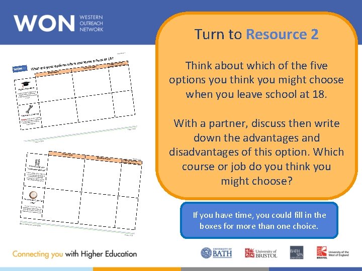 Turn to Resource 2 Think about which of the five options you think you