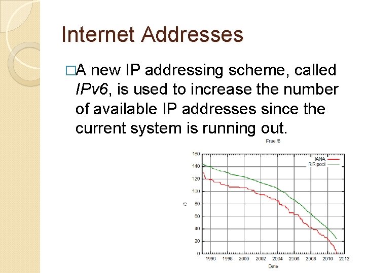 Internet Addresses �A new IP addressing scheme, called IPv 6, is used to increase