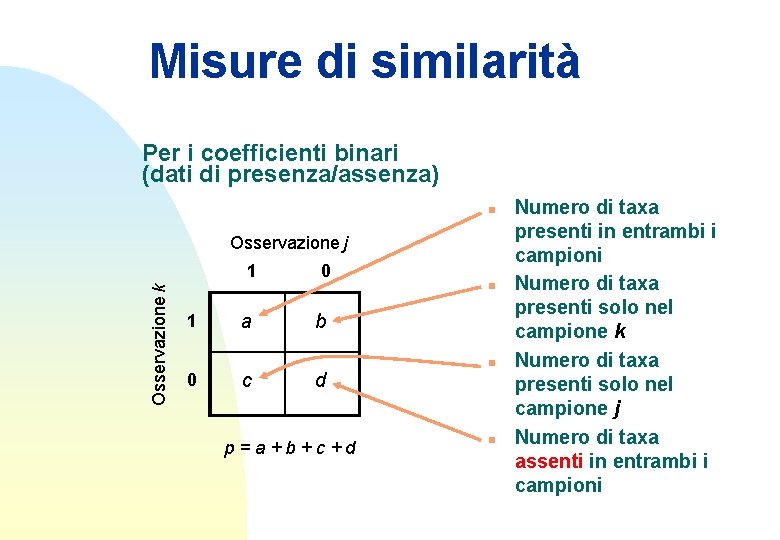 Misure di similarità Per i coefficienti binari (dati di presenza/assenza) n Osservazione k Osservazione