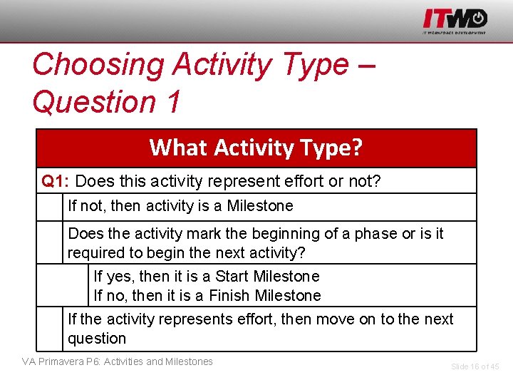Choosing Activity Type – Question 1 What Activity Type? Q 1: Does this activity