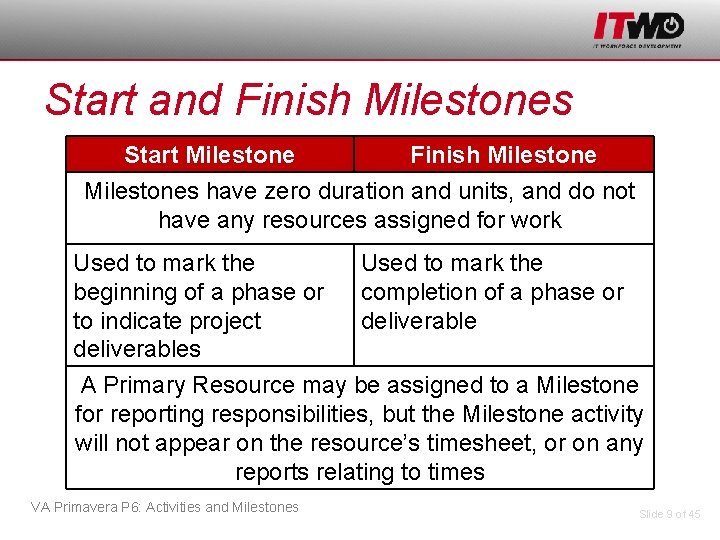 Start and Finish Milestones Start Milestone Finish Milestones have zero duration and units, and
