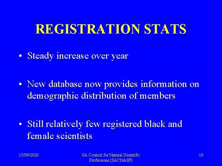 REGISTRATION STATS • Steady increase over year • New database now provides information on