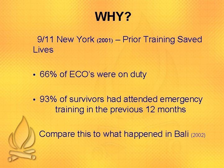 WHY? 9/11 New York (2001) – Prior Training Saved Lives • 66% of ECO’s