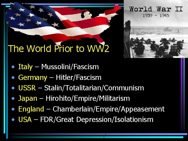 The World Prior to WW 2 • • • Italy – Mussolini/Fascism Germany –