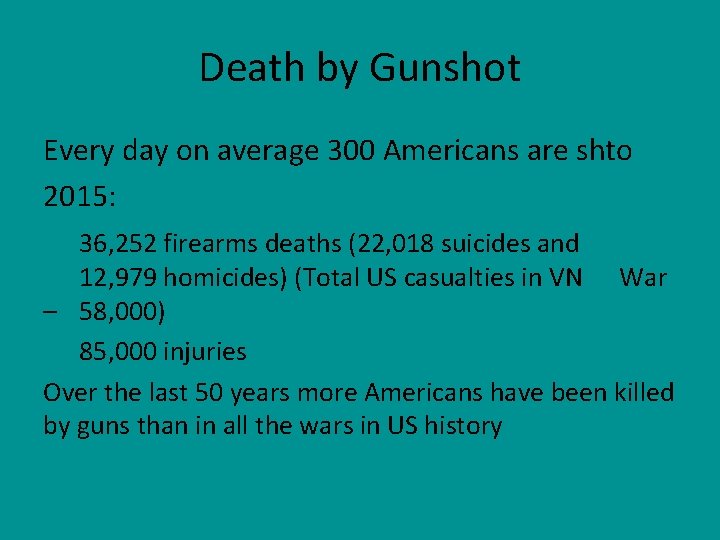 Death by Gunshot Every day on average 300 Americans are shto 2015: 36, 252