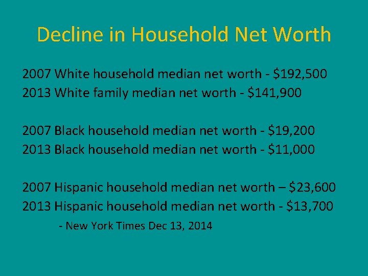 Decline in Household Net Worth 2007 White household median net worth - $192, 500