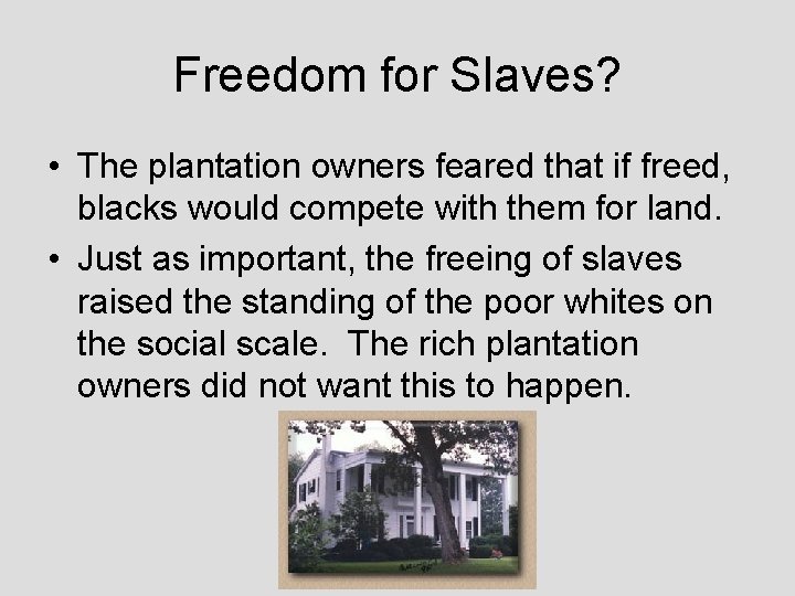 Freedom for Slaves? • The plantation owners feared that if freed, blacks would compete