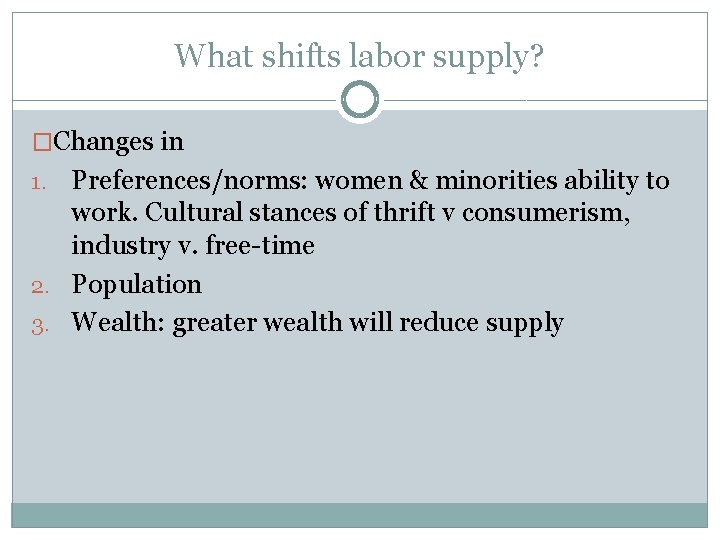 What shifts labor supply? �Changes in Preferences/norms: women & minorities ability to work. Cultural