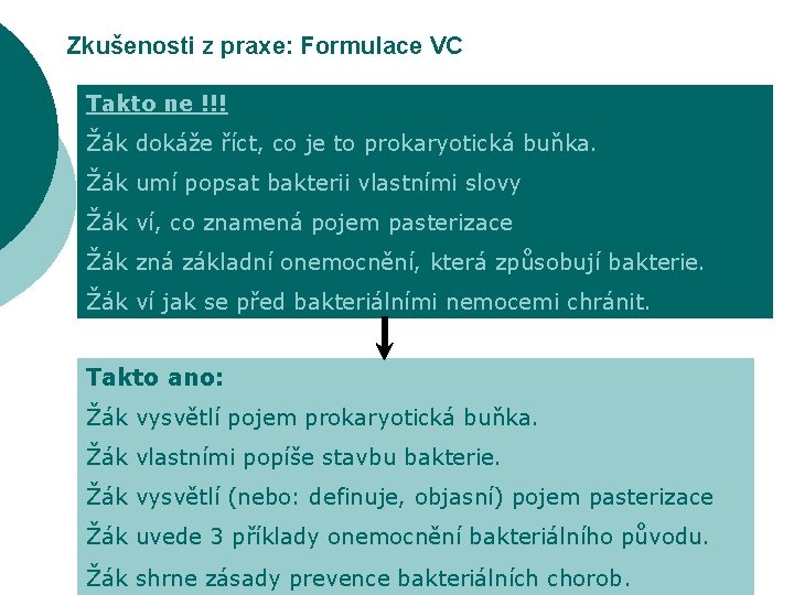 Zkušenosti z praxe: Formulace VC Takto ne !!! Žák dokáže říct, co je to