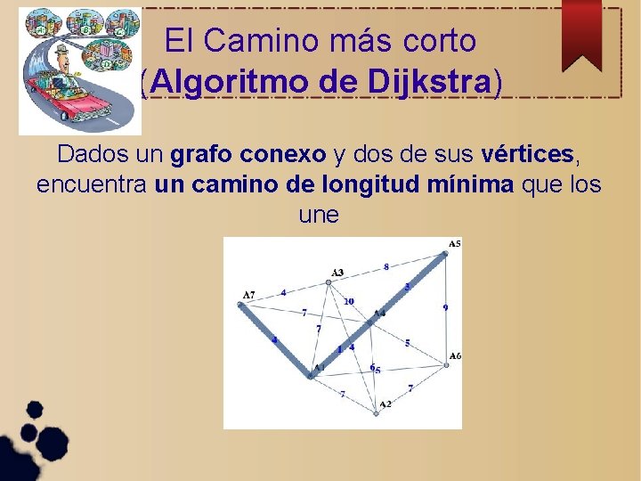 El Camino más corto (Algoritmo de Dijkstra) Dados un grafo conexo y dos de