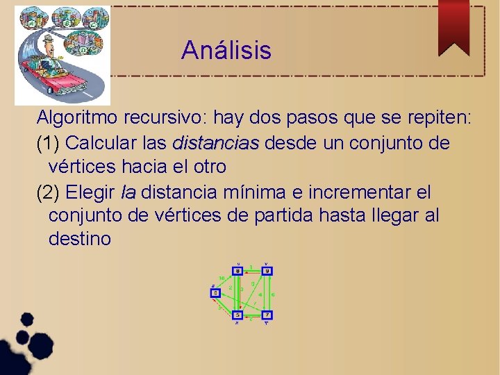 Análisis Algoritmo recursivo: hay dos pasos que se repiten: (1) Calcular las distancias desde