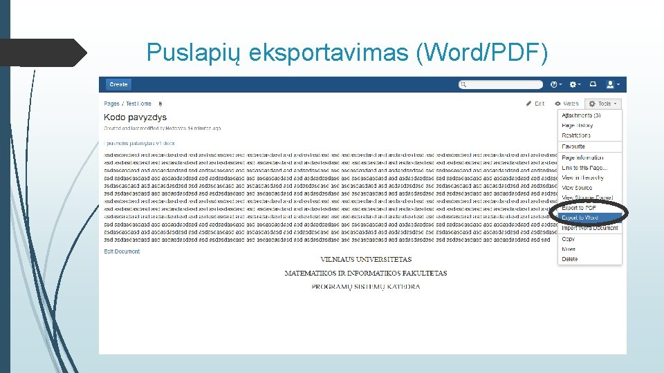 Puslapių eksportavimas (Word/PDF) 