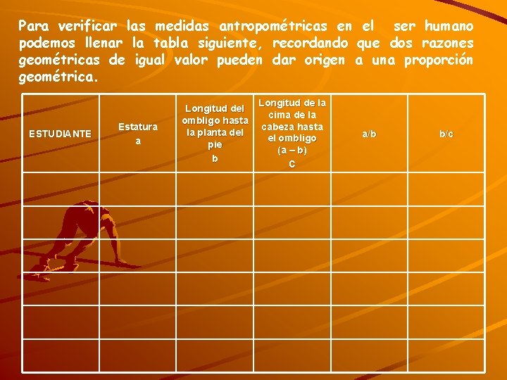 Para verificar las medidas antropométricas en el ser humano podemos llenar la tabla siguiente,