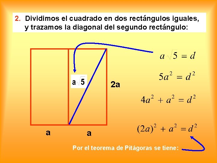 2. Dividimos el cuadrado en dos rectángulos iguales, y trazamos la diagonal del segundo