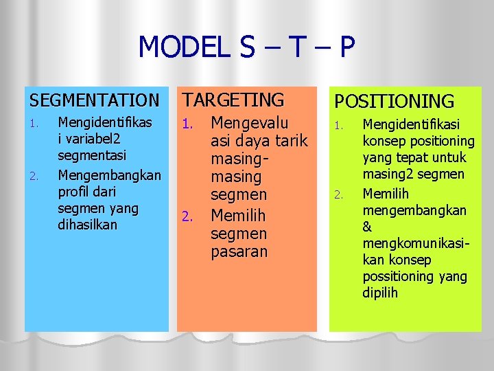 MODEL S – T – P SEGMENTATION 1. 2. Mengidentifikas i variabel 2 segmentasi