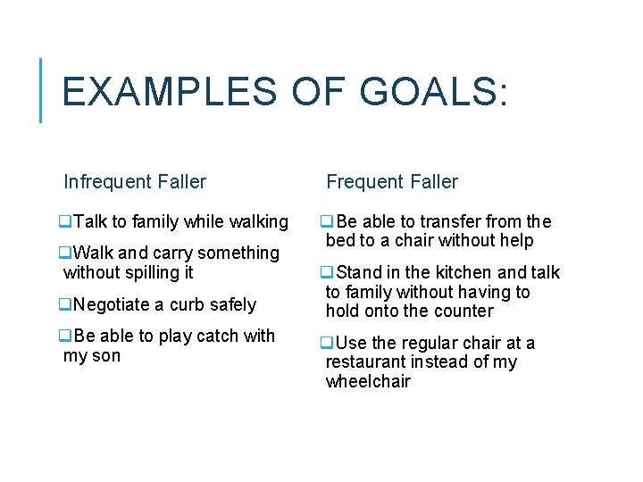 EXAMPLES OF GOALS: Infrequent Faller q. Talk to family while walking q. Walk and