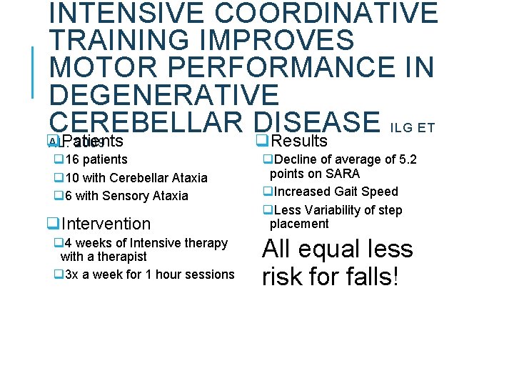 INTENSIVE COORDINATIVE TRAINING IMPROVES MOTOR PERFORMANCE IN DEGENERATIVE CEREBELLAR DISEASE ILG ET q. Patients INTENSIVE COORDINATIVE TRAINING IMPROVES MOTOR PERFORMANCE IN DEGENERATIVE CEREBELLAR DISEASE ILG ET q. Patients