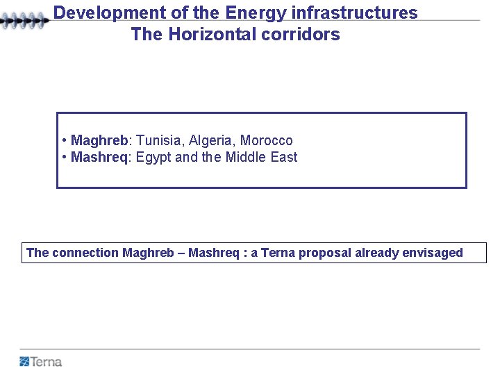 Development of the Energy infrastructures The Horizontal corridors • Maghreb: Tunisia, Algeria, Morocco •