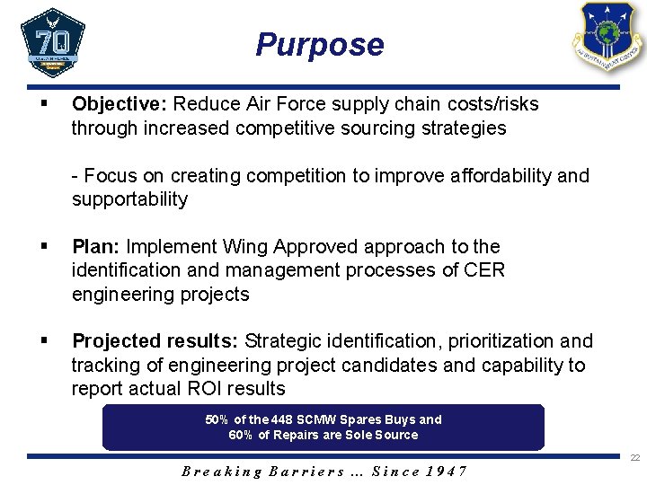 Purpose § Objective: Reduce Air Force supply chain costs/risks through increased competitive sourcing strategies