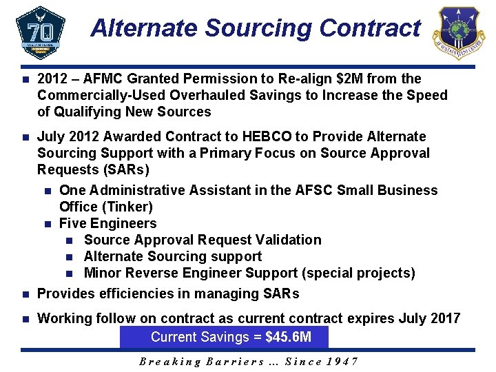 Alternate Sourcing Contract 2012 – AFMC Granted Permission to Re-align $2 M from the