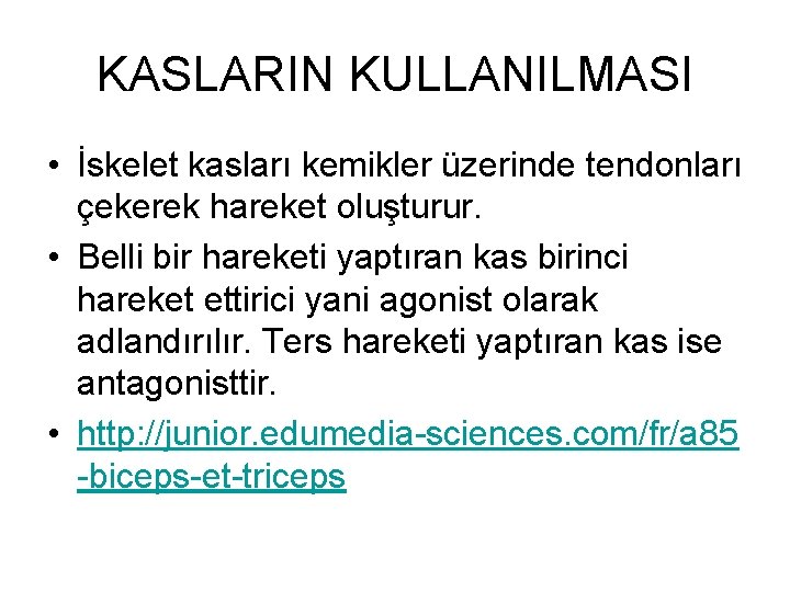 KASLARIN KULLANILMASI • İskelet kasları kemikler üzerinde tendonları çekerek hareket oluşturur. • Belli bir