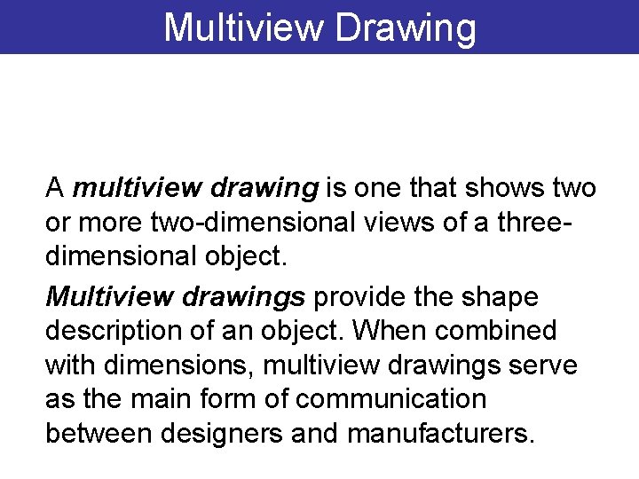 Multiview Drawing A multiview drawing is one that shows two or more two-dimensional views