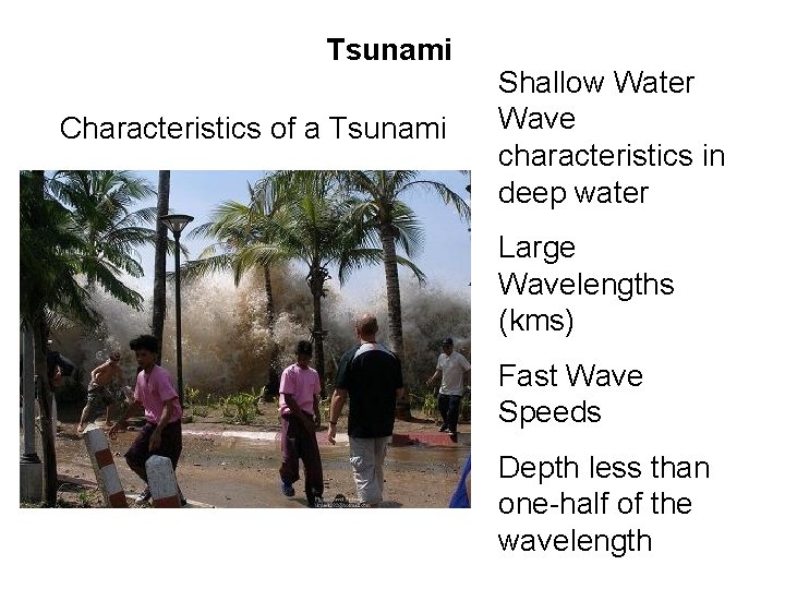 Tsunami Characteristics of a Tsunami Shallow Water Wave characteristics in deep water Large Wavelengths