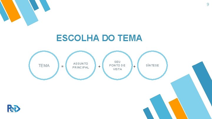 9 ESCOLHA DO TEMA = ASSUNTO PRINCIPAL + SEU PONTO DE VISTA + SÍNTESE