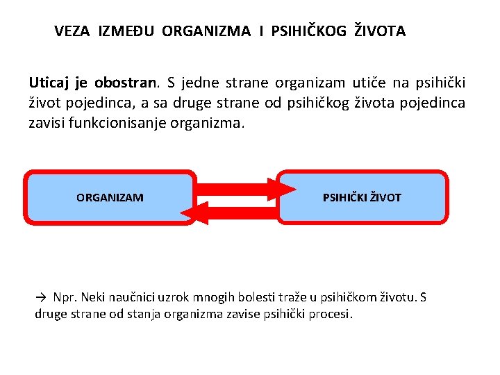 VEZA IZMEĐU ORGANIZMA I PSIHIČKOG ŽIVOTA Uticaj je obostran. S jedne strane organizam utiče