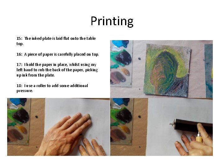 Printing 15: The inked plate is laid flat onto the table top. 16: A