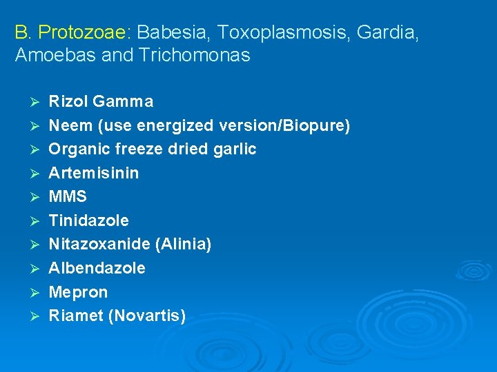 B. Protozoae: Babesia, Toxoplasmosis, Gardia, Amoebas and Trichomonas Ø Ø Ø Ø Ø Rizol B. Protozoae: Babesia, Toxoplasmosis, Gardia, Amoebas and Trichomonas Ø Ø Ø Ø Ø Rizol