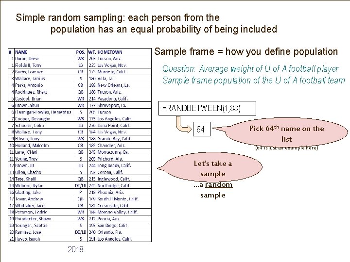 Simple random sampling: each person from the population has an equal probability of being