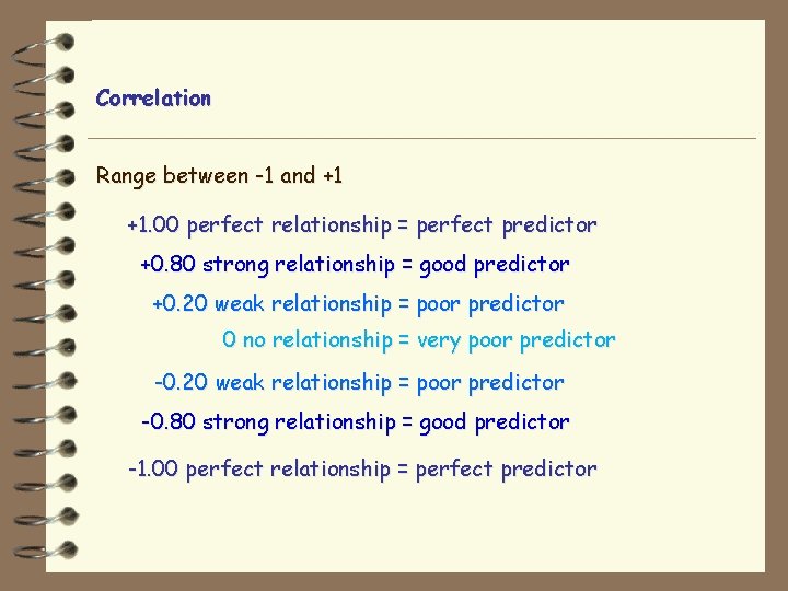 Correlation Range between -1 and +1 +1. 00 perfect relationship = perfect predictor +0.