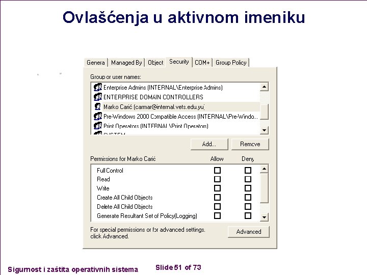 Ovlašćenja u aktivnom imeniku Sigurnost i zaštita operativnih sistema Slide 51 of 73 