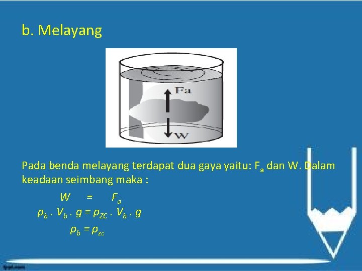 b. Melayang Pada benda melayang terdapat dua gaya yaitu: Fa dan W. Dalam keadaan