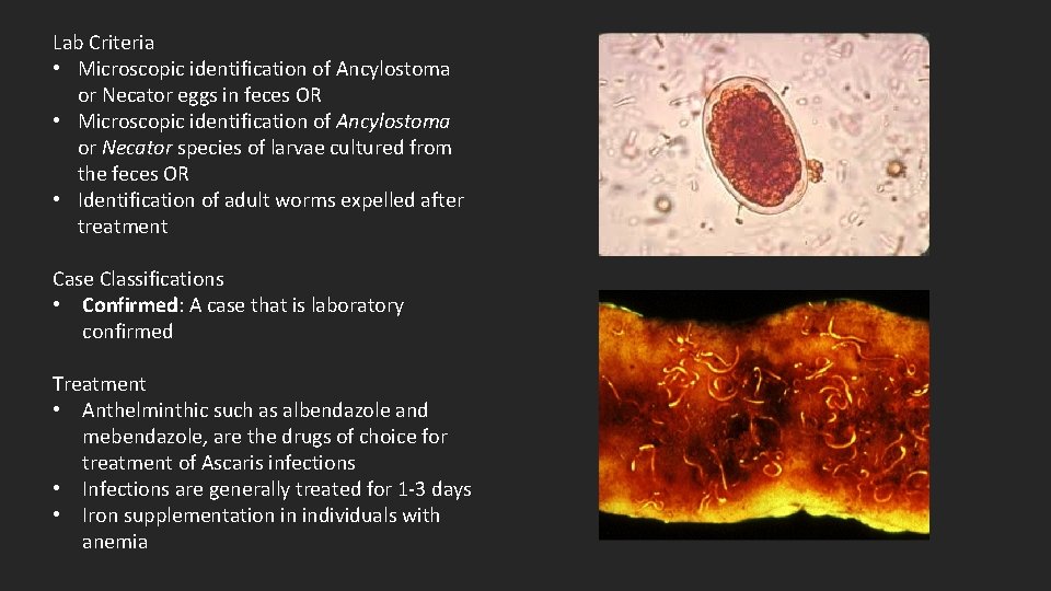 Lab Criteria • Microscopic identification of Ancylostoma or Necator eggs in feces OR •