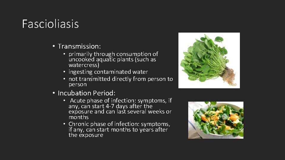 Fascioliasis • Transmission: • primarily through consumption of uncooked aquatic plants (such as watercress)