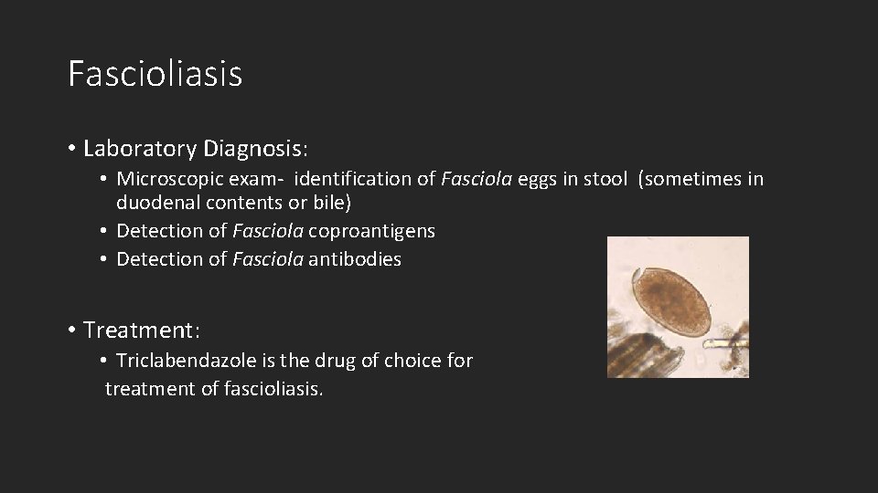 Fascioliasis • Laboratory Diagnosis: • Microscopic exam- identification of Fasciola eggs in stool (sometimes