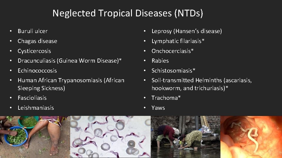 Neglected Tropical Diseases (NTDs) • • • Buruli ulcer Chagas disease Cysticercosis Dracunculiasis (Guinea